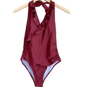 Cupshe One Piece Swimsuit Size M Halter Ruffle Bathing Suit Burgundy Merlot